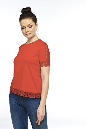 Kadın Pamuklu Modal Kısa Kollu Üst Comfort Fi̇t Güpürlü Tişört - 2416