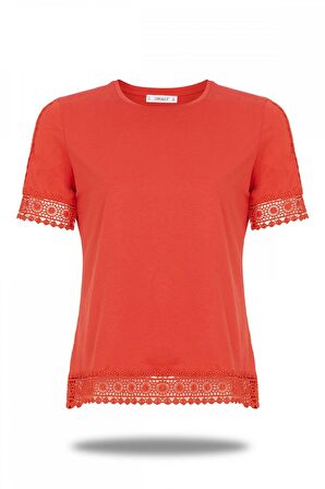 Kadın Pamuklu Modal Kısa Kollu Üst Comfort Fi̇t Güpürlü Tişört - 2416