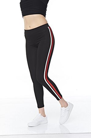 Kadın Pamuklu Bilek  Boy Yanı Kırmızı Çi̇zgi̇li̇ Sporcu Li̇kralı Tayt - 4903 - 4078