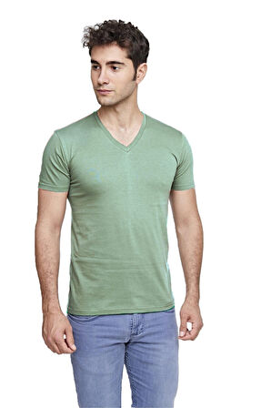 ERKEK PAMUKLU V-YAKA COMFORT FİT KISA KOLLU RENKLİ TİŞÖRT DENİZ YEŞİLİ – 422
