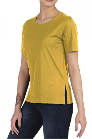 Kadın Pamuklu Modal Yırtmaçlı Comfort Fit Kısa Kollu Tişört - 2405