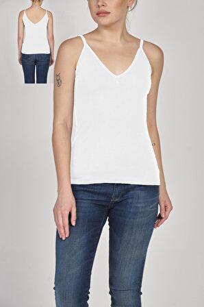 Kadın Pamuklu İp Askılı V-yaka Arkası Açık Likralı Üst 2'Lİ - 2293