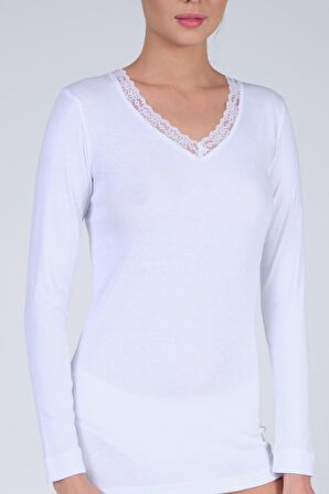 Kadın Pamuklu Ribana V-yaka Uzun Kollu Atlet Dantelli Beyaz Fanila 6'LI – 2024