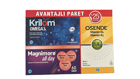 Krilom Omega3 50 Kapsül+ Magnimore Allday 60 Tablet + Osende D3k2 20 ml Avantajlı Paket