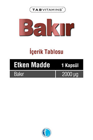 Tabvitamins Bakır 120 Bitkisel Kapsül Bakır Bisglisinat 2 mg