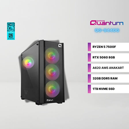 Quantum Gaming QY1610 AMD Ryzen 5 7500F 32GB DDR5 1TB NVMe RTX 5060 8GB Freedos Gaming Masaüstü Bilgisayar