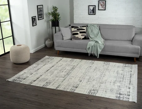 Best 107 Beyaz Halı Siyah Detaylı İnce Parlak Makinada Yıkanabilir Antialerjik Modern Salon Halısı