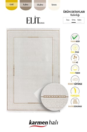 Elit El006s Krem Halı Gold Detaylı Kenar Çerçeveli Ince Yumuşak Akrilik Tozuaz Modern Salon Halısı