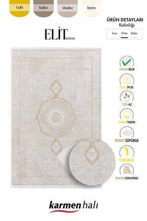 Elit El004s Krem Halı Gold Detaylı Göbekli Kenar Çerçeveli Ince Yumuşak Akrilik Tozuaz Modern Salon
