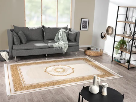 Elit El002s Krem Halı Gold Kenar Çerçeveli Göbekli Ince Yumuşak Akrilik Tozuaz Modern Salon Halısı