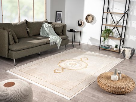 Elit El004s Krem Halı Gold Detaylı Göbekli Kenar Çerçeveli Ince Yumuşak Akrilik Tozuaz Modern Salon