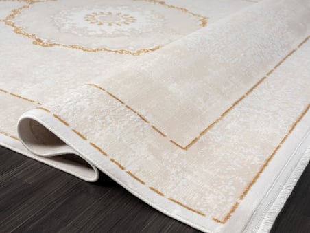 Elit El004s Krem Halı Gold Detaylı Göbekli Kenar Çerçeveli Ince Yumuşak Akrilik Tozuaz Modern Salon