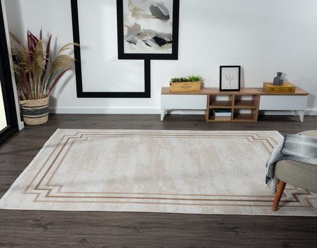 Merit Mr004a Krem Halı Kahverengi Kenar Çerçeveli Ince Yumuşak Akrilik Tozuaz Modern Salon Halısı