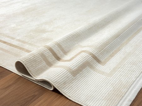 Merit Mr004a Krem Halı Kahverengi Kenar Çerçeveli Ince Yumuşak Akrilik Tozuaz Modern Salon Halısı