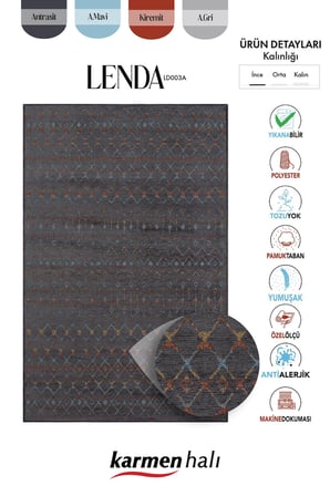 Lenda Ld003a Antrasit Kilim Renkli Detaylı Ince Antialerjik Kaymaz Taban Makinada Yıkanabilir Salon