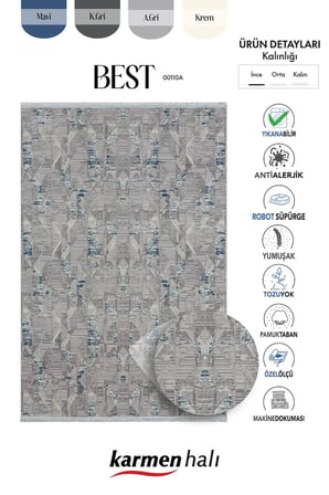 Best 110 Gri Halı Spor Desen Lacivert Detaylı Ince Parlak Makinada Yıkanabilir Antialerjik Modern