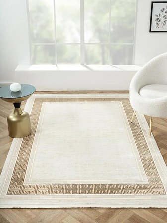 Elegance Eg009a Bej Halı Gold Çerçeveli Modern Viskon Doğal Iplik Bambu Halı Tozu Az Salon Halısı