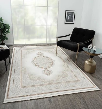 Elegance Eg001a Beyaz Halı Gold Sedef Detaylı Göbekli Modern Viskon Doğal Iplik Bambu Halı Tozu Az