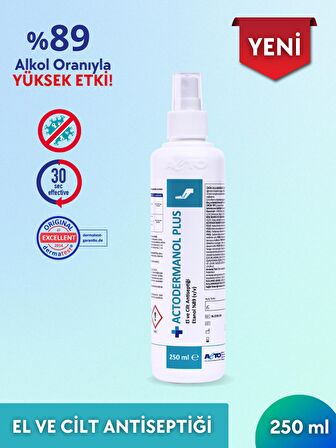 ACTODERMANOL® PLUS 250 ml | El ve Cilt Antiseptiği %89 (v/v) Etanol