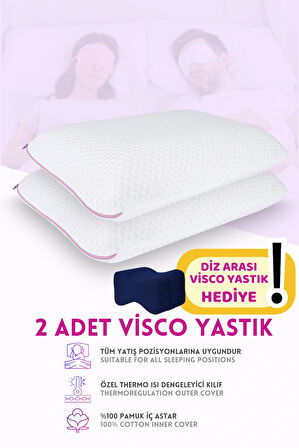 2'li Set Visco Hava Kanallı Ortopedik Yastık, 60x40x14cm, Beyaz-Pembe