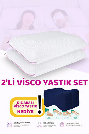 2'li Set Visco Hava Kanallı Ortopedik Yastık, 60x40x14cm, Beyaz-Pembe