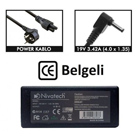 Nivatech BC966 ASUS 19V 3,42A (4,0*1,35mm) Adaptör