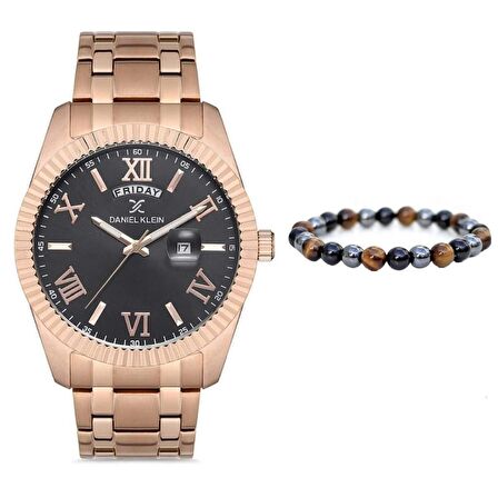 Daniel Klein Rosegold Çelik Takvimli Erkek Kol Saat Doğal Taş Bileklik Hediyeli