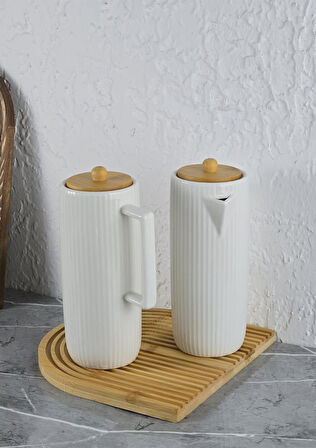 Mitra Porselen Yağlık Seti - Bambu Stantlı Yağdanlık Takımı - 2x600 ML