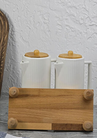 Porselen Yağdanlık Seti - Ahşap Stantlı 2x600 ML