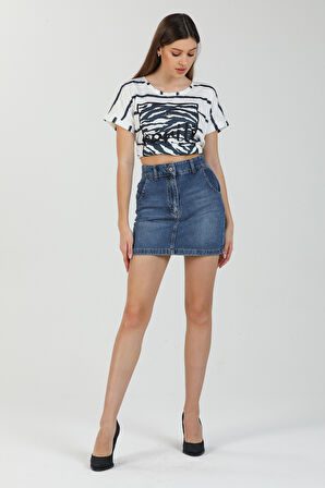 Mini Skirt Günlük Kadın Jean Etek Rigit Normal Bel  5 Cep Denim Etek 
