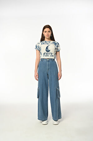 Wide Leg CARGO POCKET Günlük Kadın Jean Rigit Yüksek Bel Young Kargo Cep Denim Pantolon 