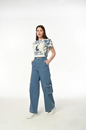 Wide Leg CARGO POCKET Günlük Kadın Jean Rigit Yüksek Bel Young Kargo Cep Denim Pantolon 