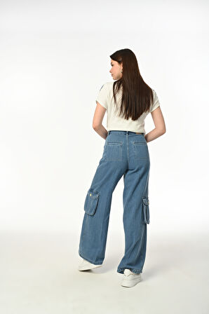 Wide Leg CARGO POCKET Günlük Kadın Jean Rigit Yüksek Bel Young Kargo Cep Denim Pantolon 