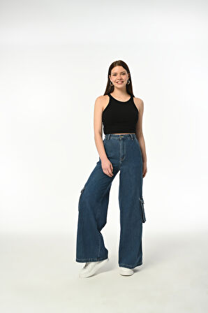Wide Leg CARGO POCKET Günlük Kadın Jean Rigit Yüksek Bel Young Cargo Cep Denim Pantolon 