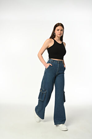 Wide Leg CARGO POCKET Günlük Kadın Jean Rigit Yüksek Bel Young Cargo Cep Denim Pantolon 