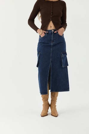 D152 Günlük Kadın Jean Etek Rigit Normal Bel Fashion Kargo Cep Denim Etek 
