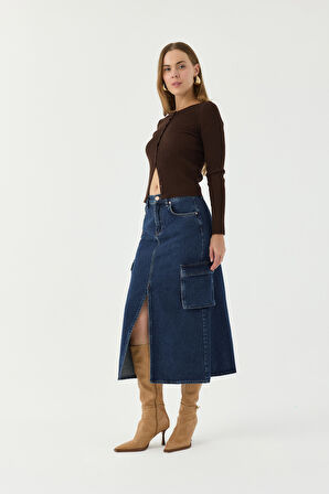 D152 Günlük Kadın Jean Etek Rigit Normal Bel Fashion Kargo Cep Denim Etek 