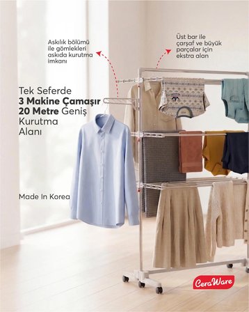 Home S3 Premium 3 Katlı Çamaşırlık Made in Korea Tam Katlanır Tekerlekli Çamaşır Kurutmalık