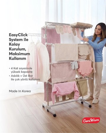 Home S4 Premium 4 Katlı Çamaşırlık Made in Korea Tam Katlanır Tekerlekli Çamaşır Kurutmalık