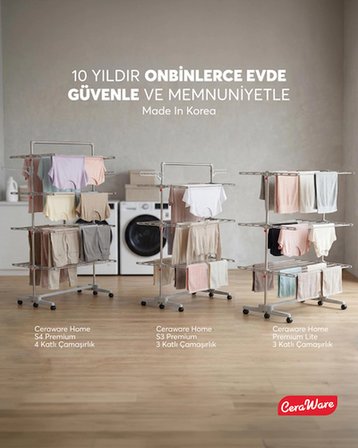 Home Lite Premium 3 Katlı Çamaşırlık Made in Korea Tekerlekli Çamaşır Kurutmalık Eco Gri