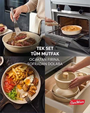 Hona Made in Korea Seramik Yapışmaz Tencere Tava Seti 9 Parça Tak Çıkar Saplı İç İçe Geçebilen Set