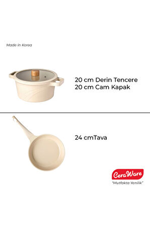 Ceraware Vetta 3 Parça Seramik Kaplama Yapışmaz 24 cm tava + 20 cm derin Tencere Seti Siyah