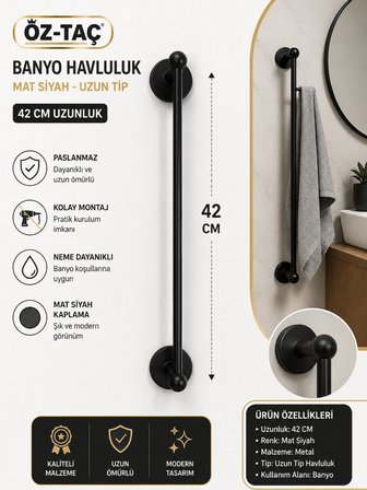 Öz-Taç Banyo Havluluk Mat Siyah Uzun Tip Uzunluk :42 Cm 