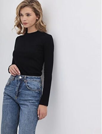 Kadın Siyah Uzun Kollu Fitilli Bluz Crop Örme T-shirt