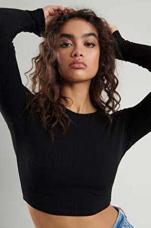 Kadın Siyah Uzun Kollu Fitilli Bluz Crop Örme T-shirt
