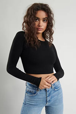 Kadın Siyah Uzun Kollu Fitilli Bluz Crop Örme T-shirt