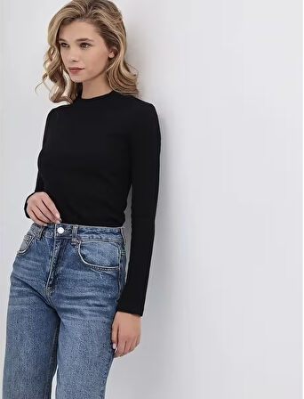 Kadın Siyah Uzun Kollu Fitilli Bluz Crop Örme T-shirt