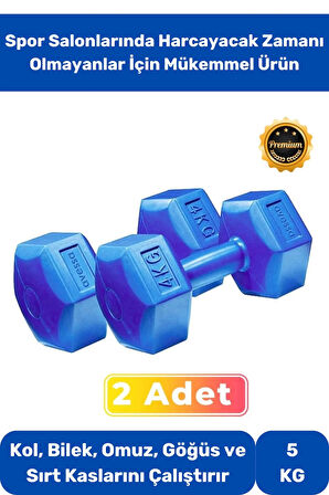 Dambıl Set Özel Plastik Köşeli Spor Egzersiz Vücut Kas Geliştirme Fitness Mavi 5 Kg x 2 Adet