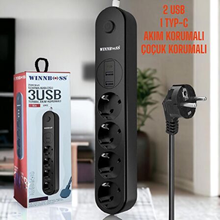 2 USB + 1 Type-C Girişli Uzatma Kablosu | 4 Priz | 2 Metre | Termal Korumalı