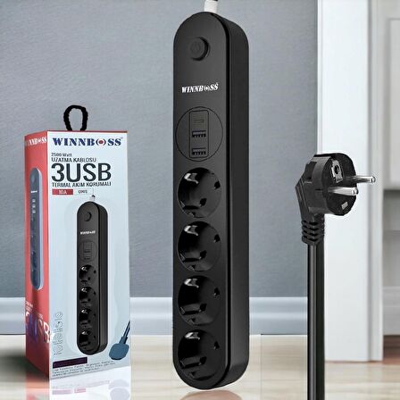 2 USB + 1 Type-C Girişli Uzatma Kablosu | 4 Priz | 2 Metre | Termal Korumalı